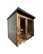 Brown-painted L Box sauna with window in front wall