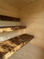 Brown-painted L Box sauna with window in front wall - Image 2